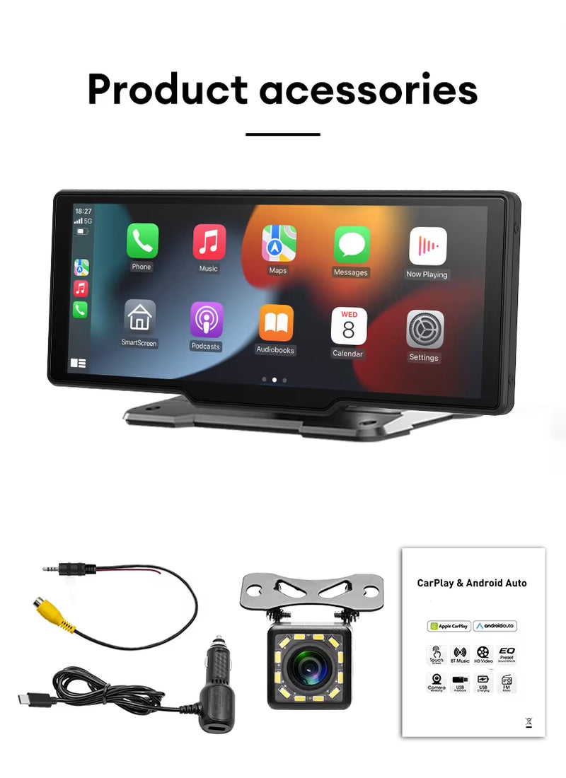 10.26" Wireless Carplay & Android Auto Universal Portable Car Radio Mirror Link Player BT Audio AUX Stereo for Apple or Android