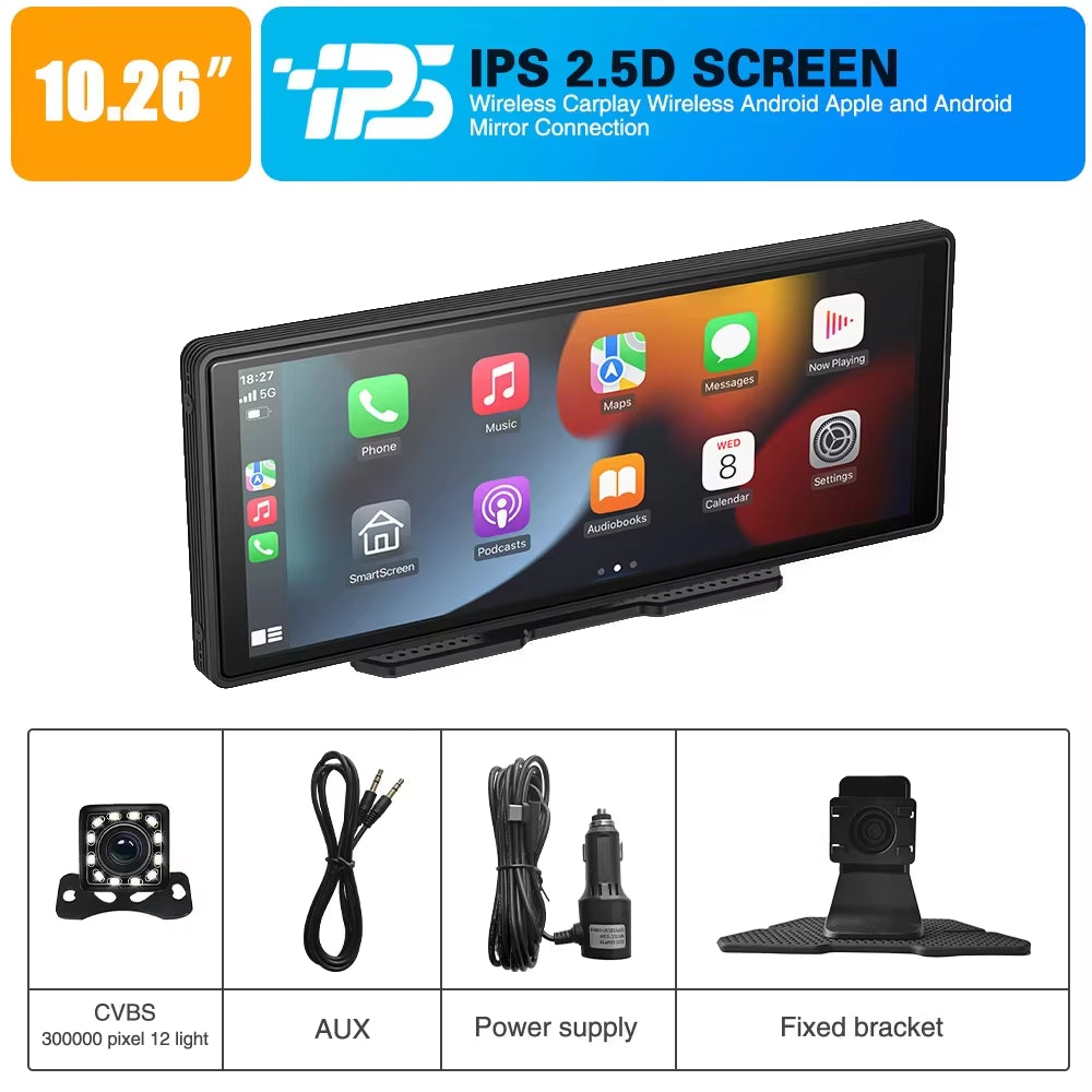 10.26" Wireless Carplay & Android Auto Universal Portable Car Radio Mirror Link Player BT Audio AUX Stereo for Apple or Android