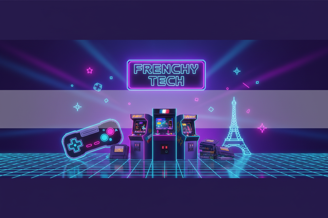 génère une image de fond pour un site de vente d'accessoires gaming retro "Frenchy Tech"
